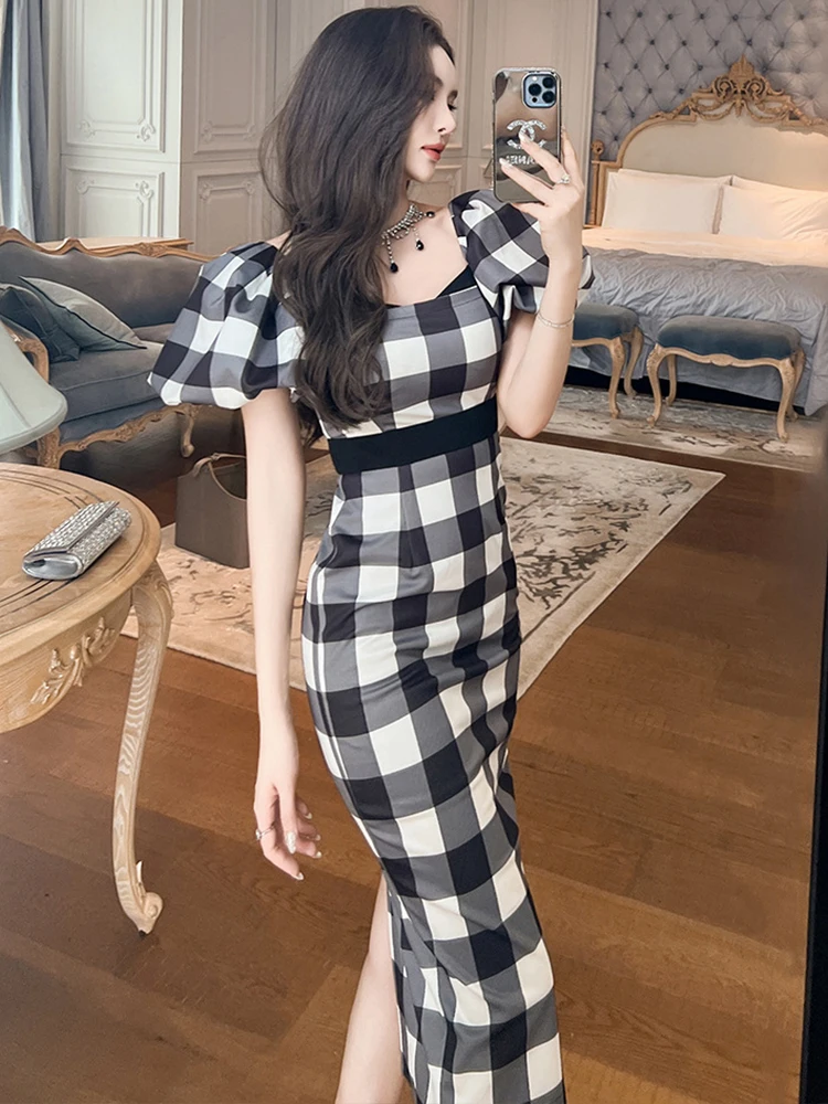 Sweet Elegant Midi Dress for Women Green Pink Black Bubble Sleeve High  Waist Wrap Hip Robe Femme Party Holiday Street Vestidos - AliExpress  200000345