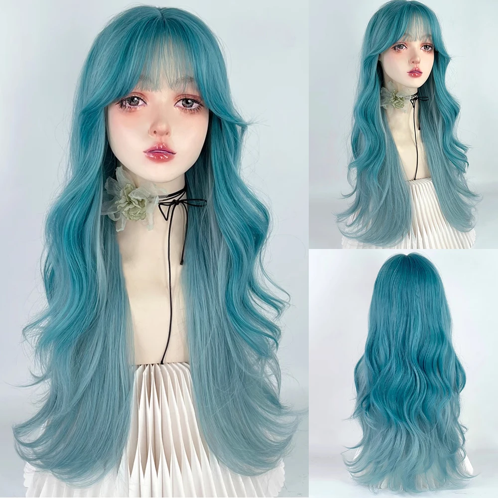 Long Wavy Ombre Blue Green Blend Layered Synthetic Wig with Bangs Lolita Cosplay Women Fluffy Hair Wig for Daily Party