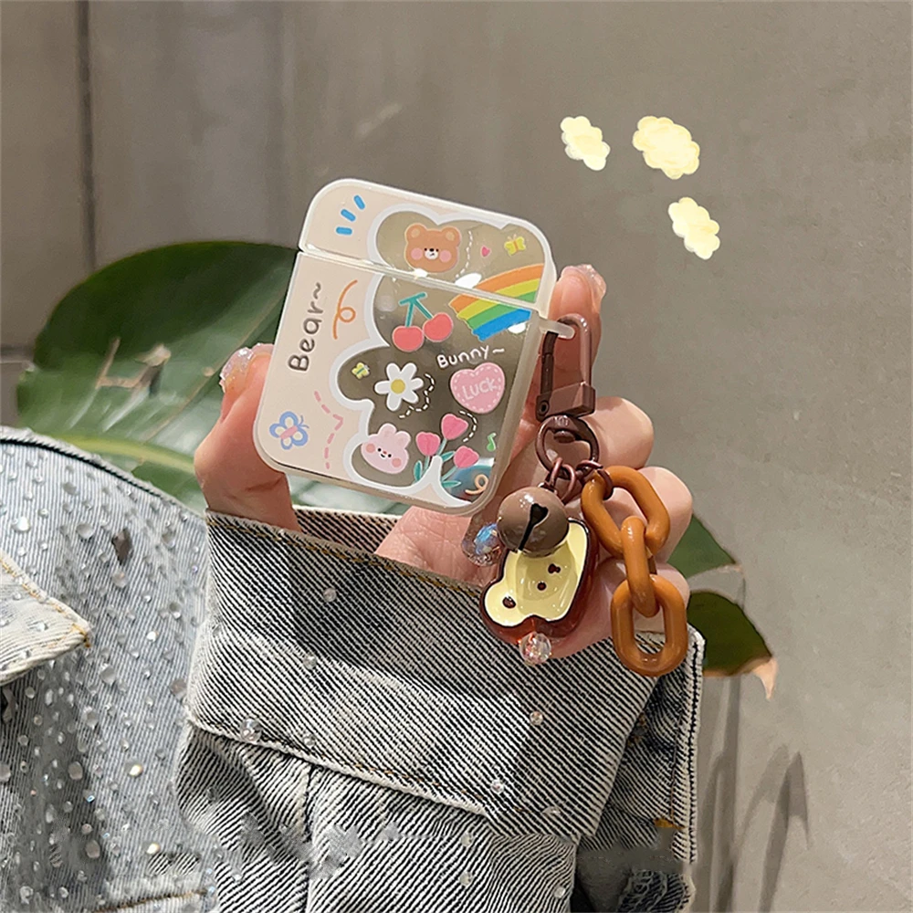 Korean Cute Mirror Little Bear Flower Rainbow Headphones Case For AirPods 1 2 3 With Bell Pendant Soft Cover For AirPods Pro 2