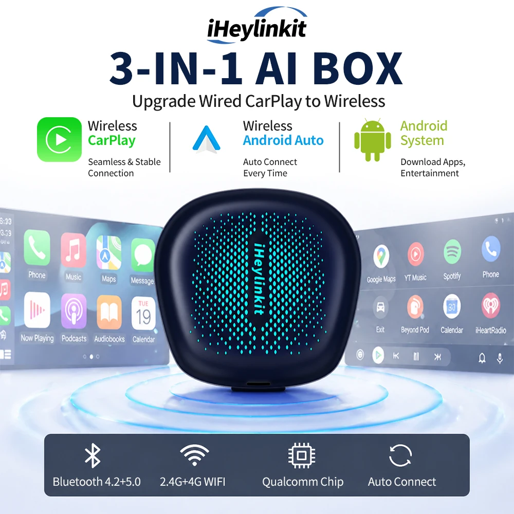 

iHeylinkit 128G/64G Wireless CarPlay Car AI Box Android 15 QCM6125 Android Auto HD Output Google Play for Ford VW Mercede