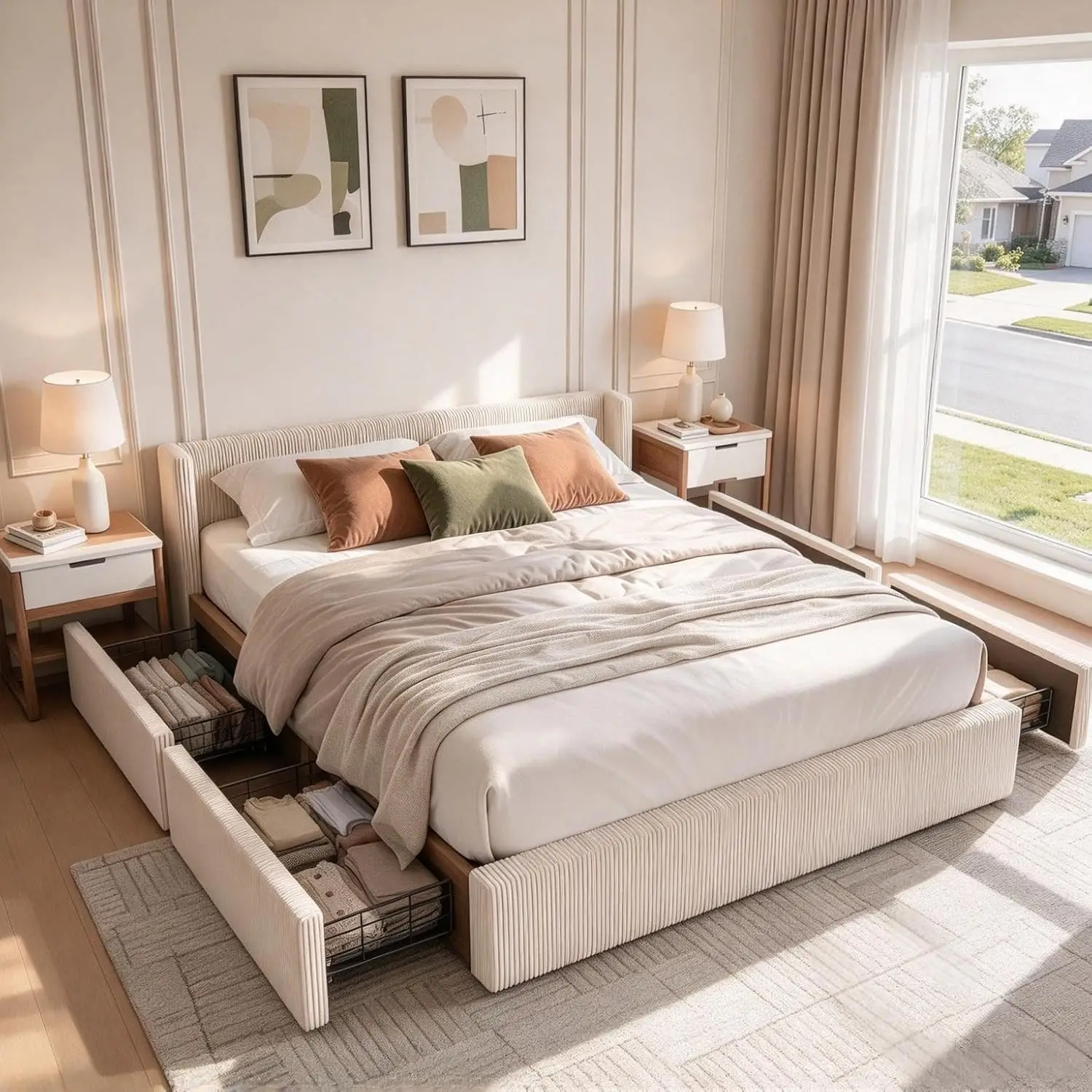 Queen Storage Bed Frame with Wingback Headboard and 4 Drawer, Beige, Customized