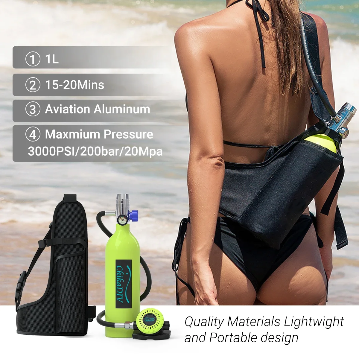 Chikadiv Mini Scuba Tank 1L Hervulbare Duiken Zuurstofcilinder met Snorkelset voor Onderwater Marine Plongee Apparatuur