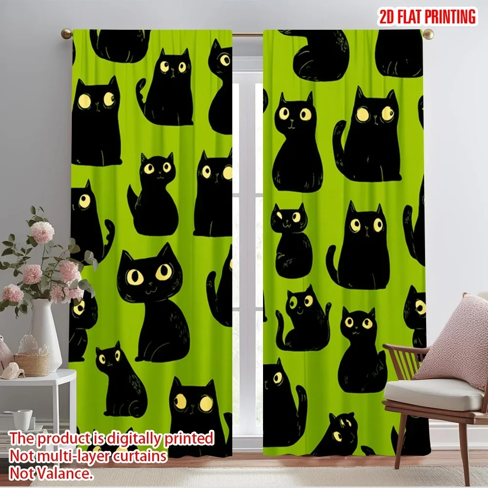 2pcs,2D plane printing Curtain Popular Black Cats on Green Durable 100% Polyester Fabric (without rod) Decorations Inside for