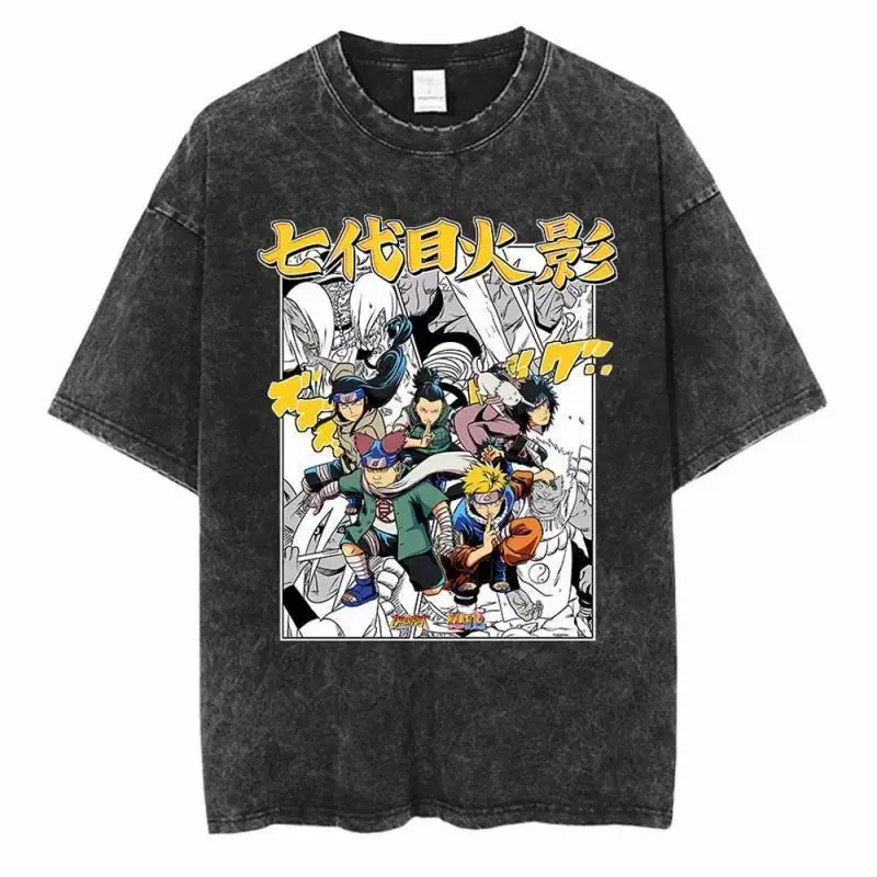 

Naruto Summer Ins240g Washed Naruto Sasuke Retro T-shirt, American Hip-hop Men's Cotton Loose Short-sleeved Ins