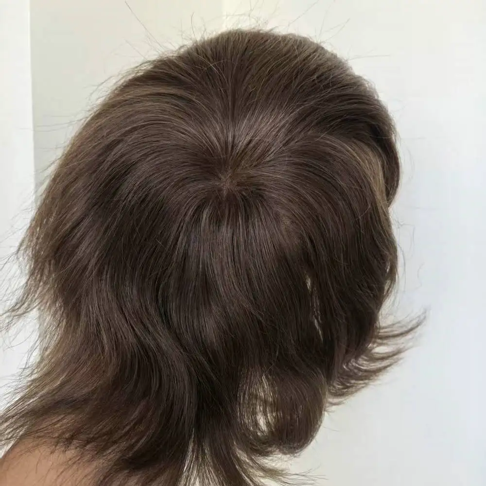 قطعة شعر بشري بنية اللون باللون الأحمر مقاس 7 × 9 بوصة، نظام شعر بشري بدانتيل سويسري كامل #6