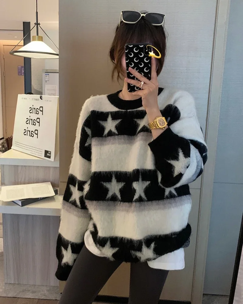 Contrast color star round neck sweater for women 2024 autumn and winter pullover sweater loose casual long-sleeved top