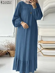 Frauen Mode o Hals Langarm muslimischen Abaya Kleid Zanzea Vintage feste Rüschen Saum Sommerkleid Robe Femme Truthahn Vestido Kaftan