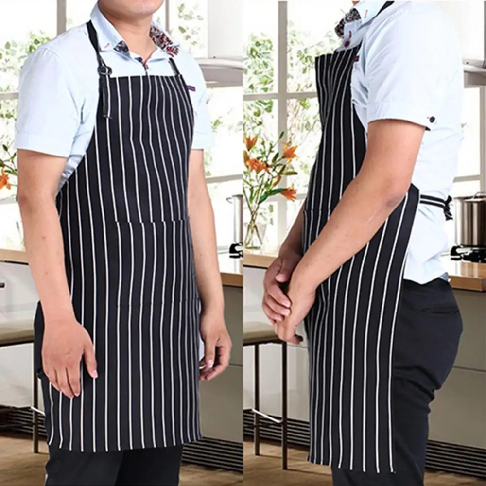 Black Stripe Bib Apron With 2 Pockets Chef Waiter Kitchen Cook Kitchen Aprons For Woman Men Cafes Beauty Nails Shop Apron