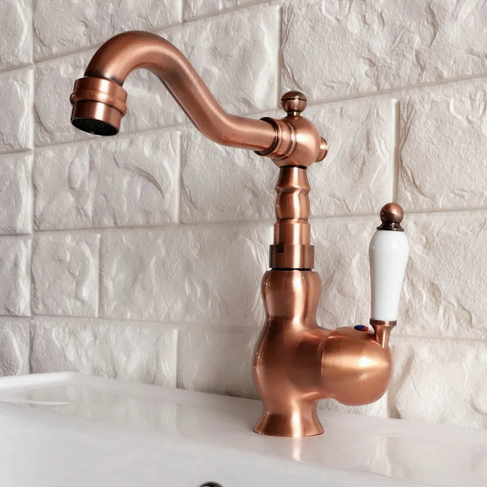 

Antique Red Copper Swivel Spout Bathroom Sink Faucets Single Hole/Handle Basin Mixer Taps Lnf405