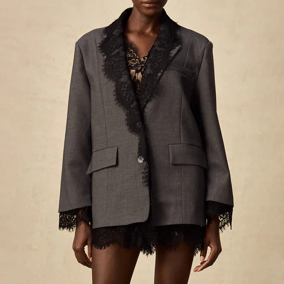 VGH Chic Solid Spliced Lace Edge Blazers For Women Notched Collar Long Sleeve Temperament Designer Coats Female Clothes Style