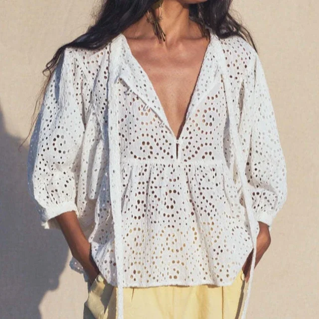

2025 Hollow Embroidery Pure Cotton Lace Cardigan Shirt Summer New Style in Europe and America