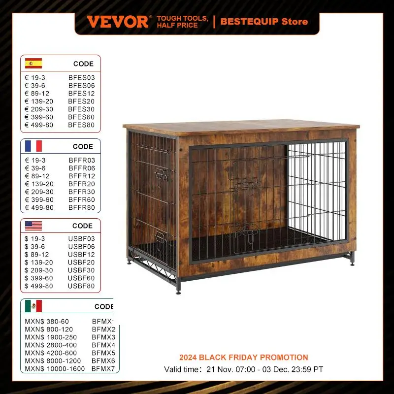 VEVOR Heavy-Duty Wooden Dog Crate End Table Furniture Kennel with Double Doors Multi-Purpose Removable Tray for Dogs Indoor