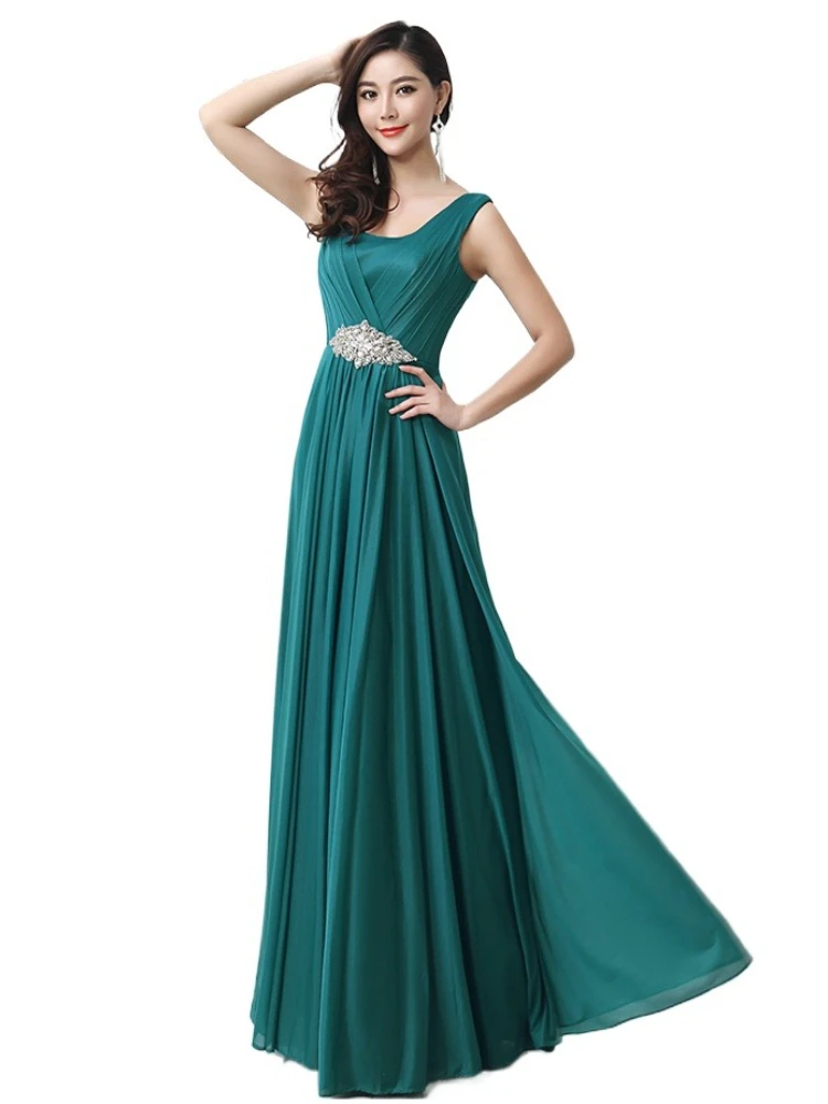 Elegant Simple Classic Ruched Beading Sleeveless Open Back Chiffon Long Formal Evening Prom Dress