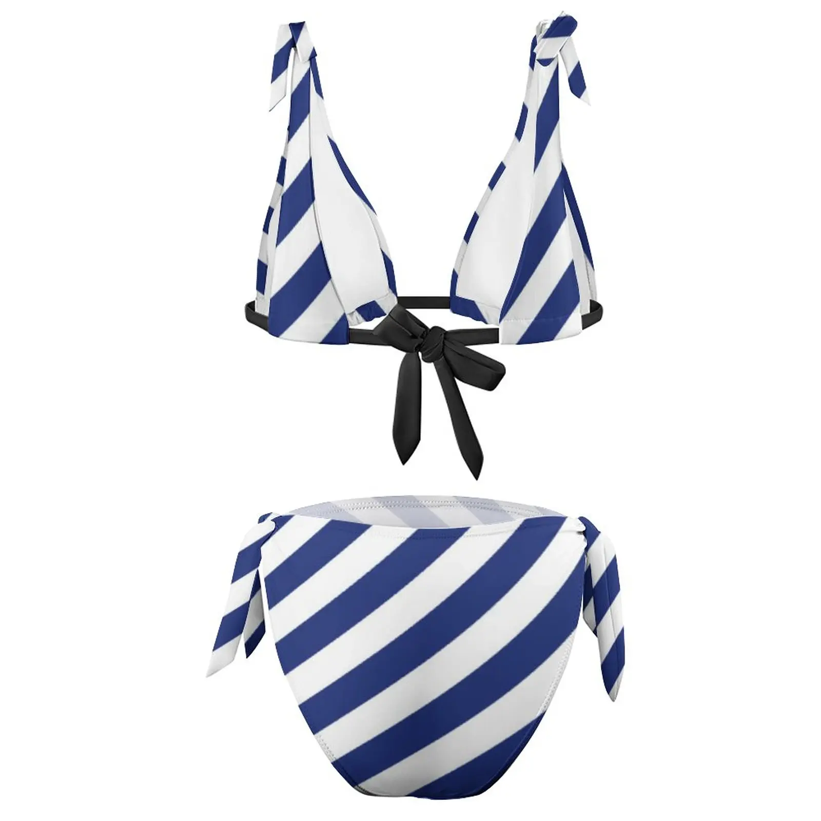 Marineblauwe Witte Nautische Bikini Set Sexy Diagonale Strepen Bikini Badpak Fitness Patroon Badmode Push-Up Stijlvolle Strandkleding