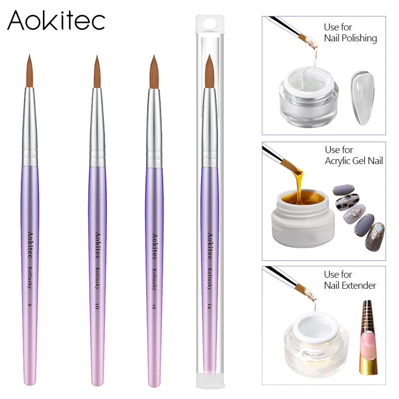 Aokitec kolinsky แปรงทาสีเล็บทรงกลมทรงกระบอกสีแปรงเล็บไล่ระดับสีสำหรับเครื่องมือทำเล็บอะคริลิค