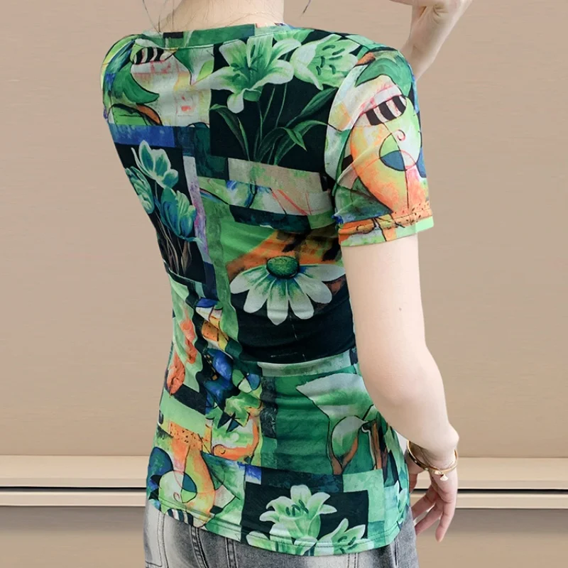 Summer European Clothing Tee Women's 2025 Fashion Mesh Geometry Printed V-neck T-shirt Female Short Sleeved Slim Top Blouse