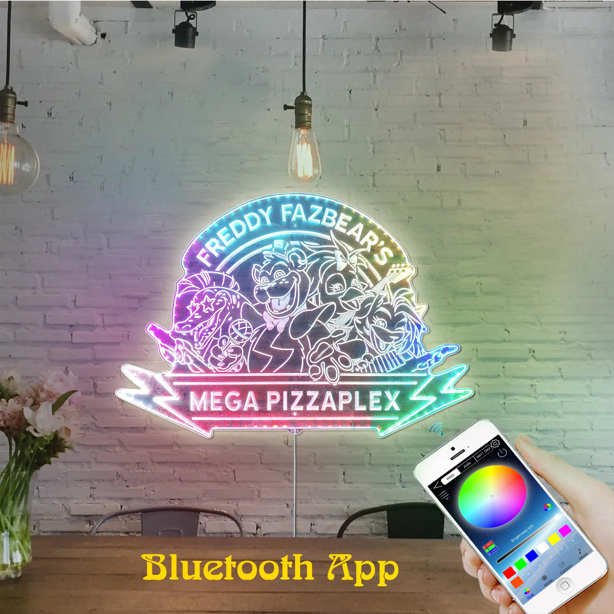 Fazbear's Pizza Dynamic RGB Edge Lit LED Sign, Five Nights Party Mega Pizzaplex Light Sign