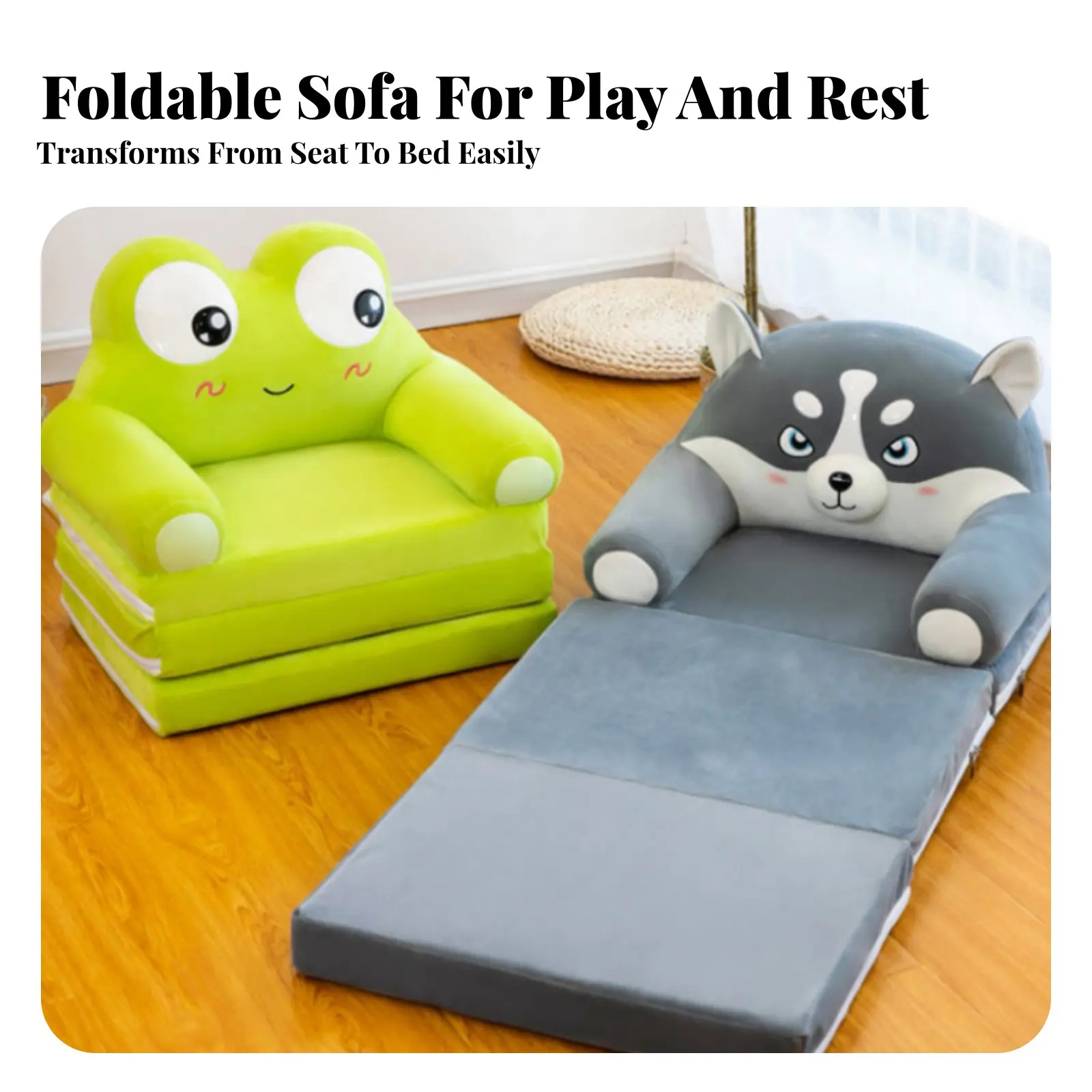 生き物の形をした折りたたみ式拡張ソファ　可愛い漫画＆デザインの変形可能なフォームラウンジャー　折りたたみ式デザイン　柔らかく快適