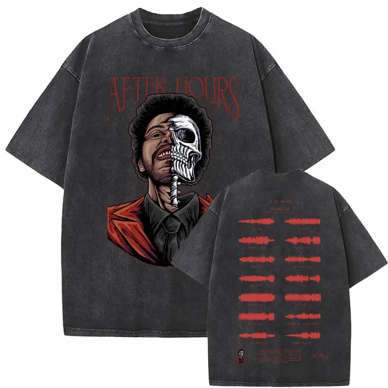 

Винтажная промытая футболка Weeknd с графическим рисунком после нескольких часов, уличная одежда со скелетом для мужчин и женщин, футболки большого размера в стиле хип-хоп, мужские футболки на рассвет, FM
