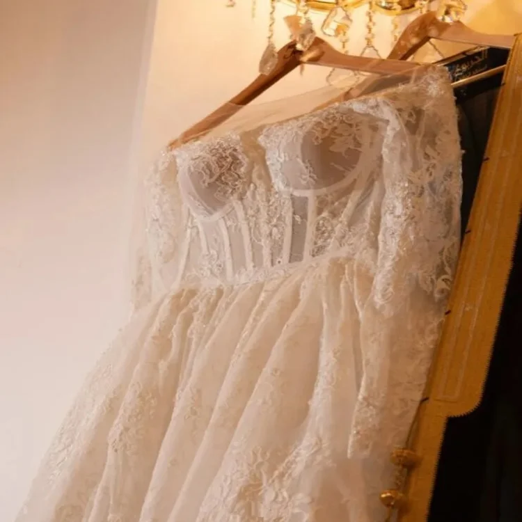 تخصيص الرقبة شير انظر من خلال الدانتيل يزين فستان الزفاف Vestidos Noivas Ballgown طويلة الأكمام الأميرة ثوب الزفاف #4