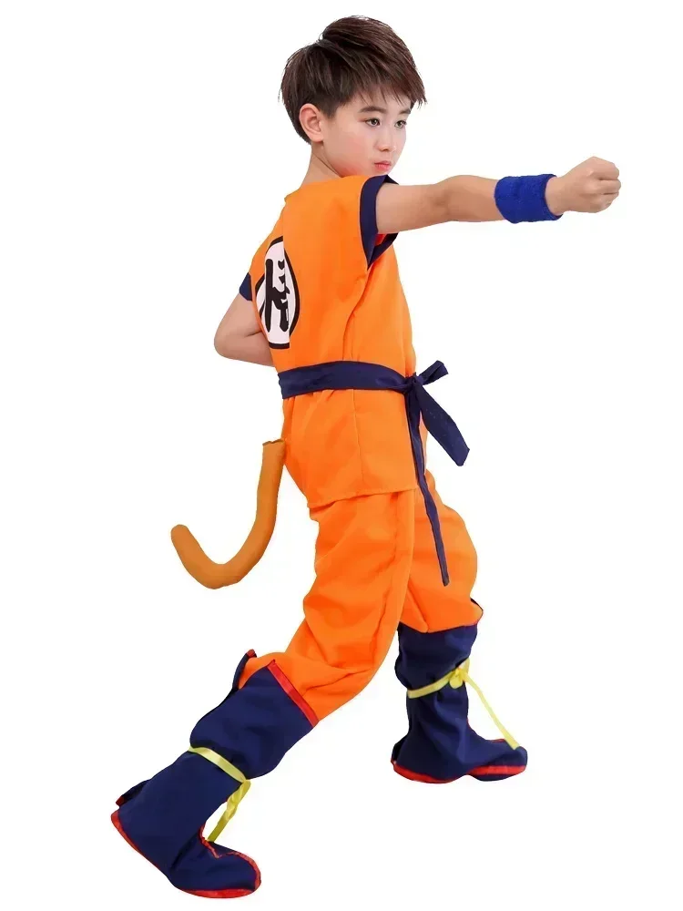 Anime Kinderen Zoon Goku Kostuum Wu Gui Superheld Cosplay Met Blauw Geel Zwarte Pruik Performance Pakken