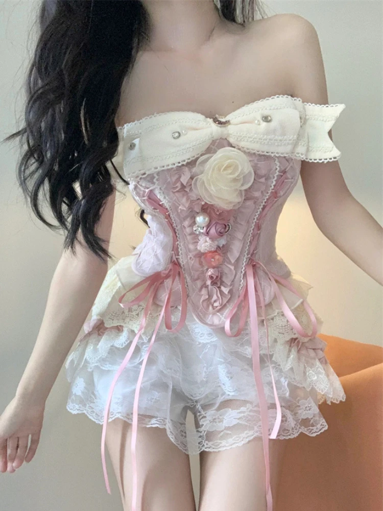 Summer French Vintage Two Piece Set Women Flower Korean Elegant Party Shorts Suit Female Sleeveless Retro Vest＋Sweet Lace Shorts