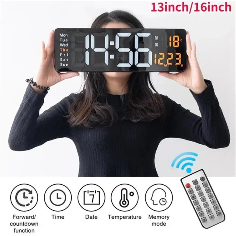 13/16inch Wall-mounted Digital Wall Clock With Remote Control Large Wall Clocks Temp Date Week Display Memory Table Clock