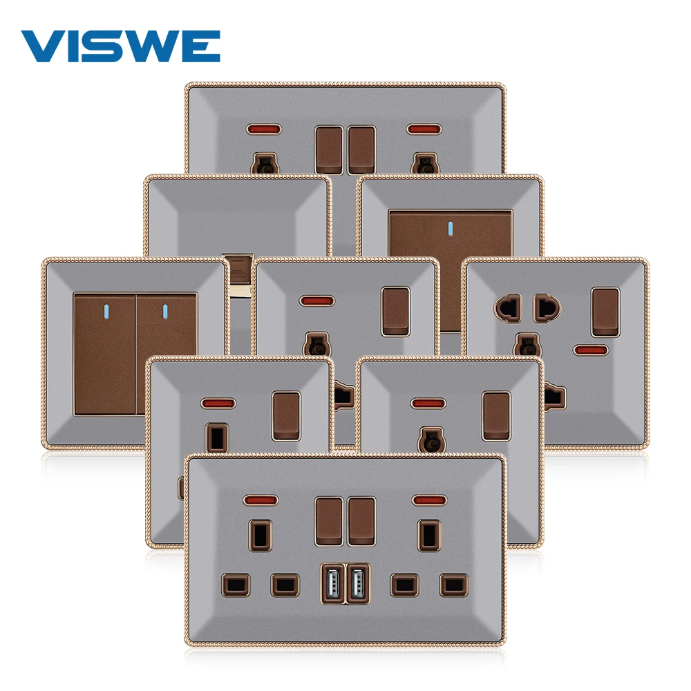 VISWE Universal UK Wall Socket 13A, Light Switch 1/2/3gang 2way, Acrylic Panel with gold border, Usb socket 3pin 5pin Plug