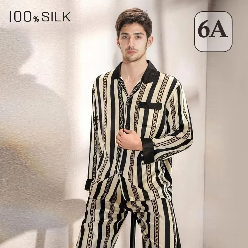 

Men Plus Size 100% Mulberry Silk Striped Pajamas Set Long Sleeve Long Pants Soft Breathable Nightwear All Season Home Clothes