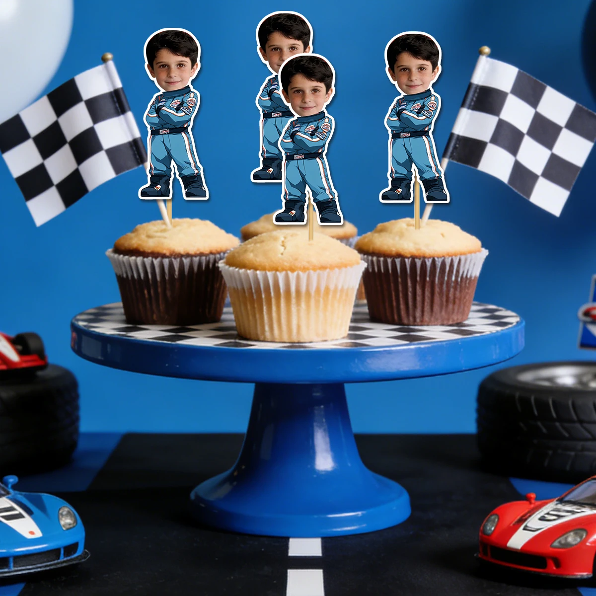 Personalisierter Geburtstags-Rennwagen-Kuchenaufsatz mit individuellem Gesichtsfoto, Rennsport-Thema, Meilenstein-Geburtstagsfeier, Kuchendekoration – Detail 1