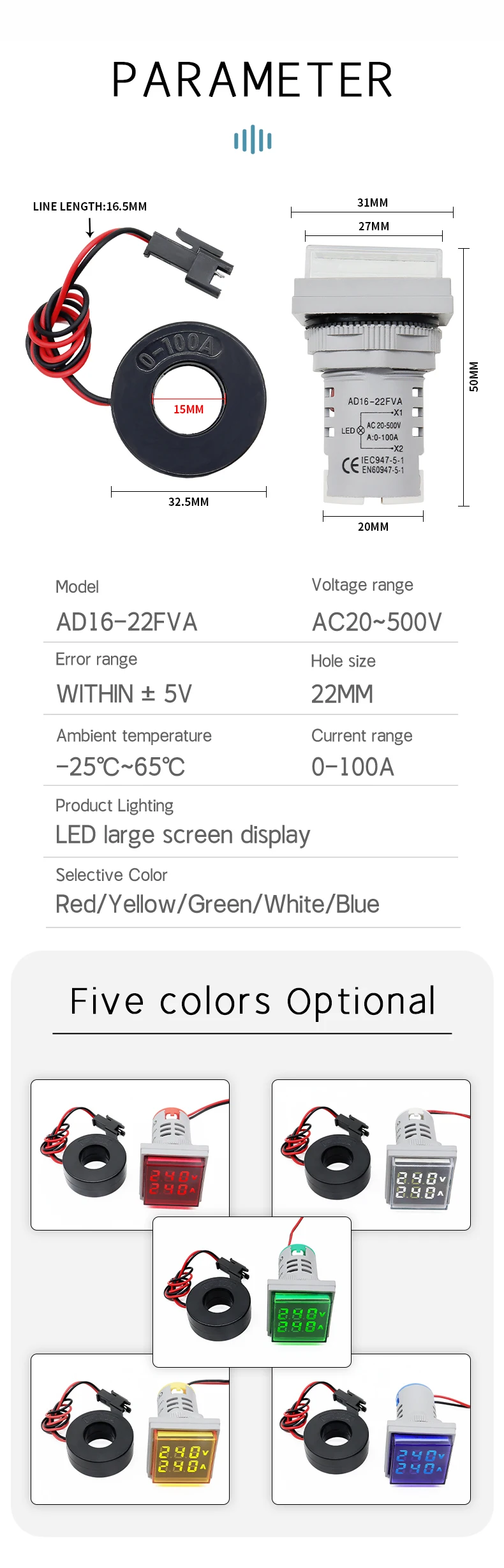 1pc quadratische LED digitale Voltmeter Ampere meter AC20-500V 0-100a 110V 220V Spannungs strom messer Voltam meter Volt verstärker Tester Detektor – Detail 4