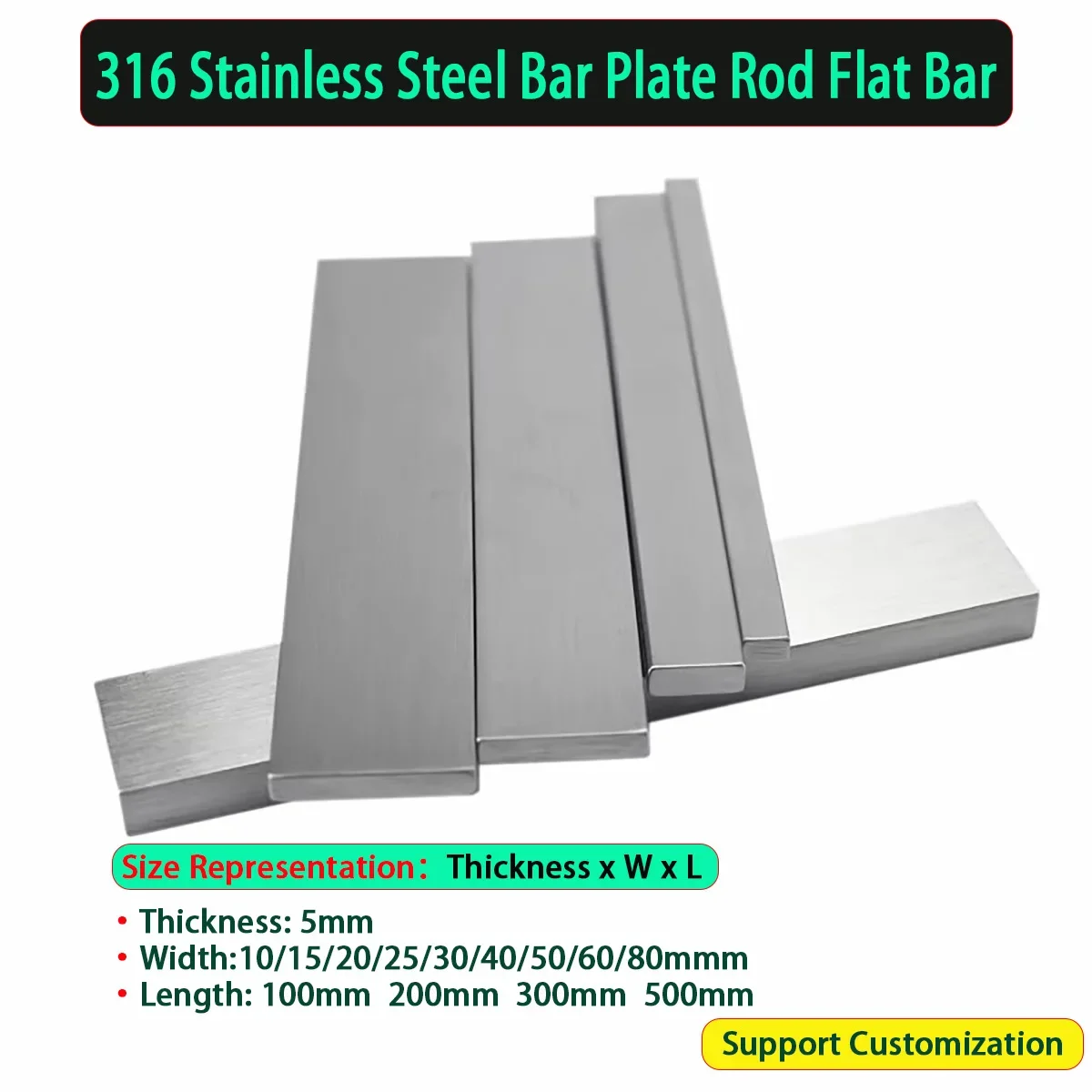 

316 Stainless Steel Bar/Plate Rod Thickness 5mm Width 10/15/20/25/30/40/50/60/80mm Length 100mm 200mm 300mm 500mm Flat Bar