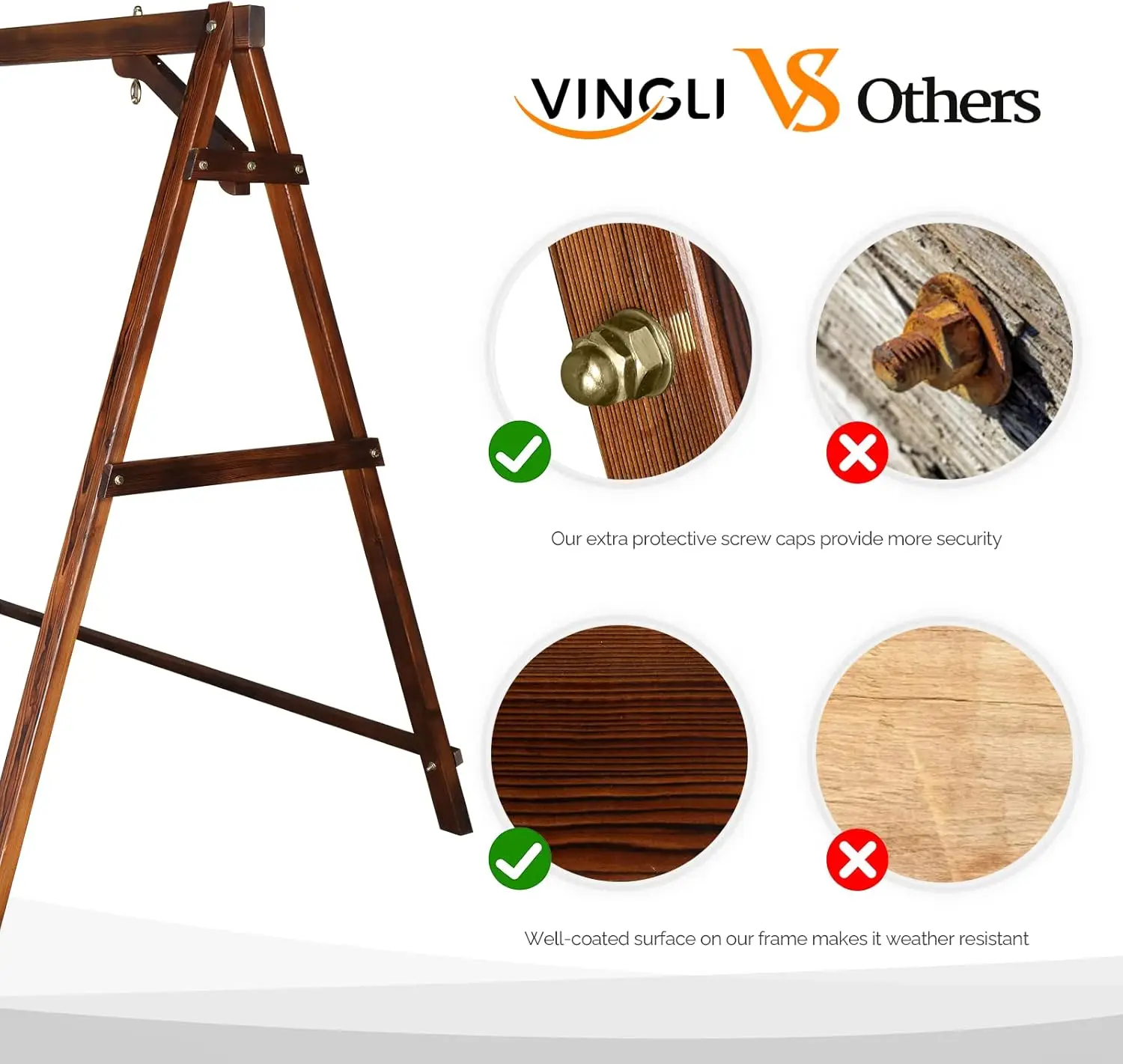 Wooden A-Frame Swing Stand for Patio, Garden & Yard, Rustic Color, 660 LBS Capacity with Stability Bar