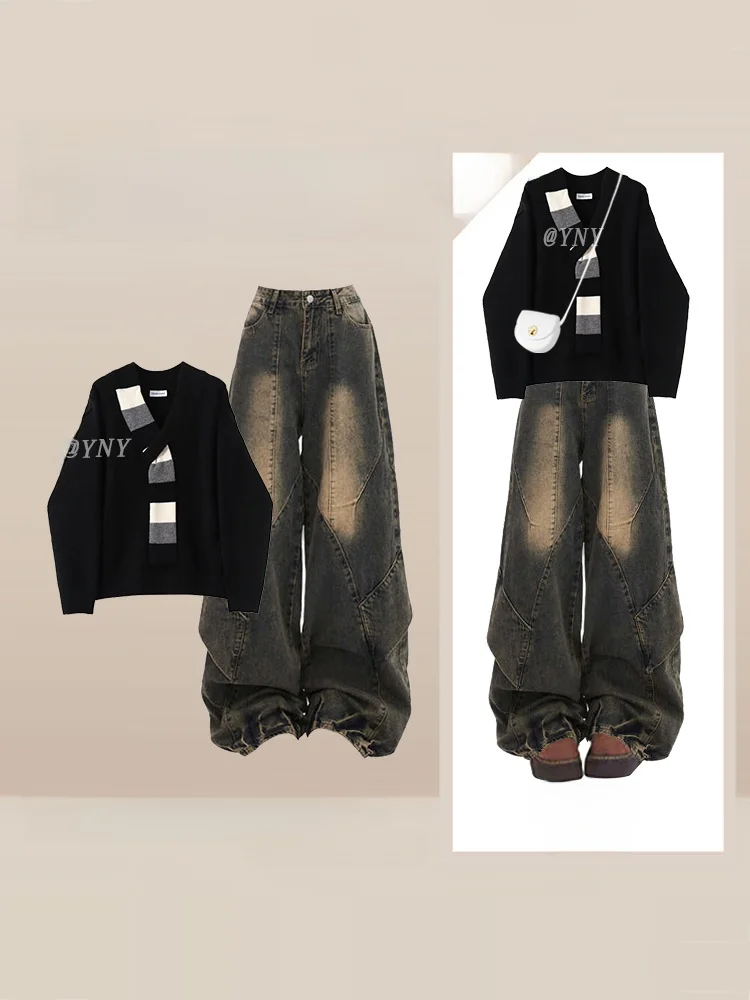 

Корейский полосатый свитер с V-образным вырезом и вязаные джинсы с высокой талией и широкими штанинами для женщин: осенне-зимний свободный повседневный модный комплект