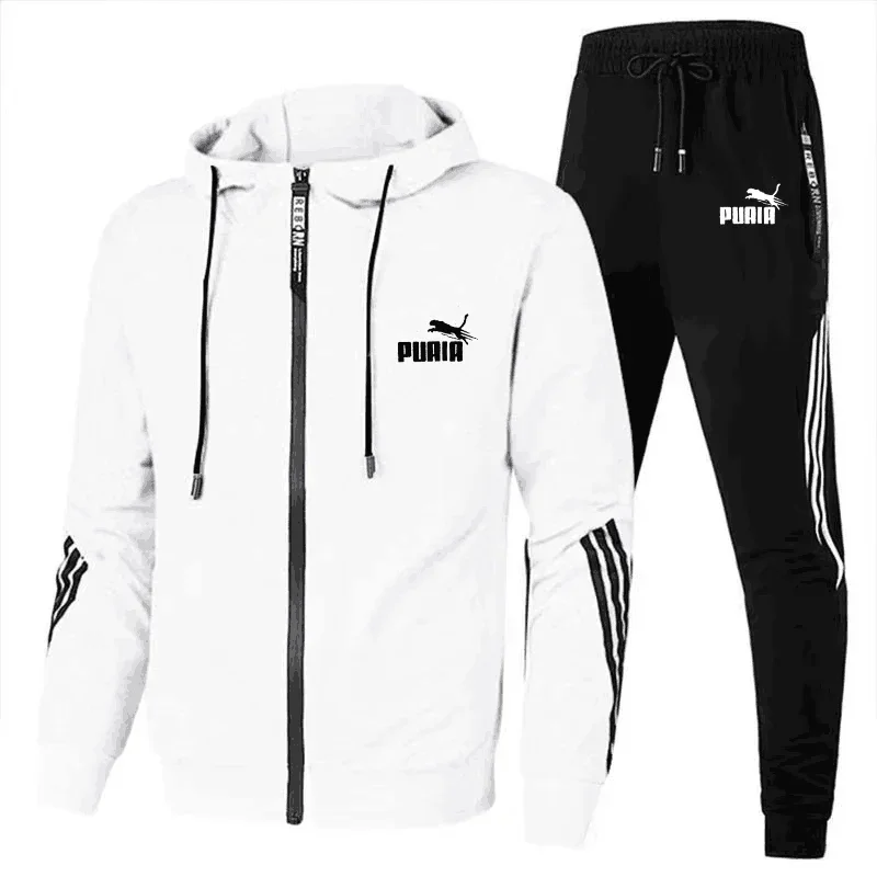 Fashion Tracksuit Men Suit Autumn New Zipper Cardigan Jacket+Sweatpants Stripe Running Fitness Basketball Jogging 2 Piece Set