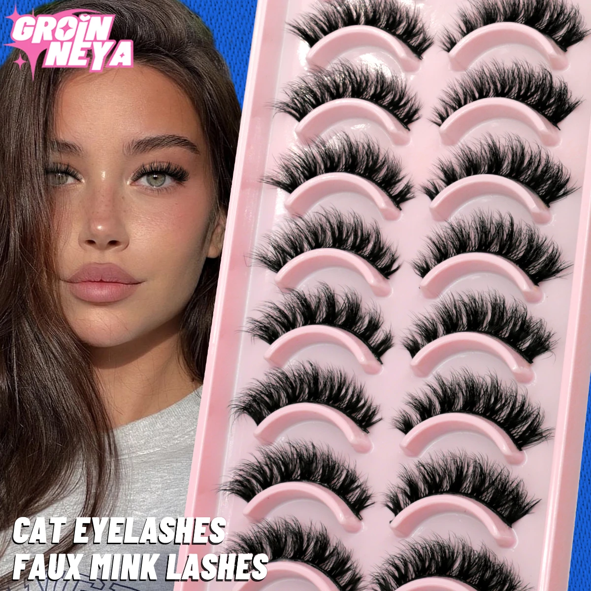 GROINNEYA 10 Pairs Eyelashes Cat Eye Lashes 3D Natural False Fluffy Wispy Natural Cross Eyelash Extension Makeup