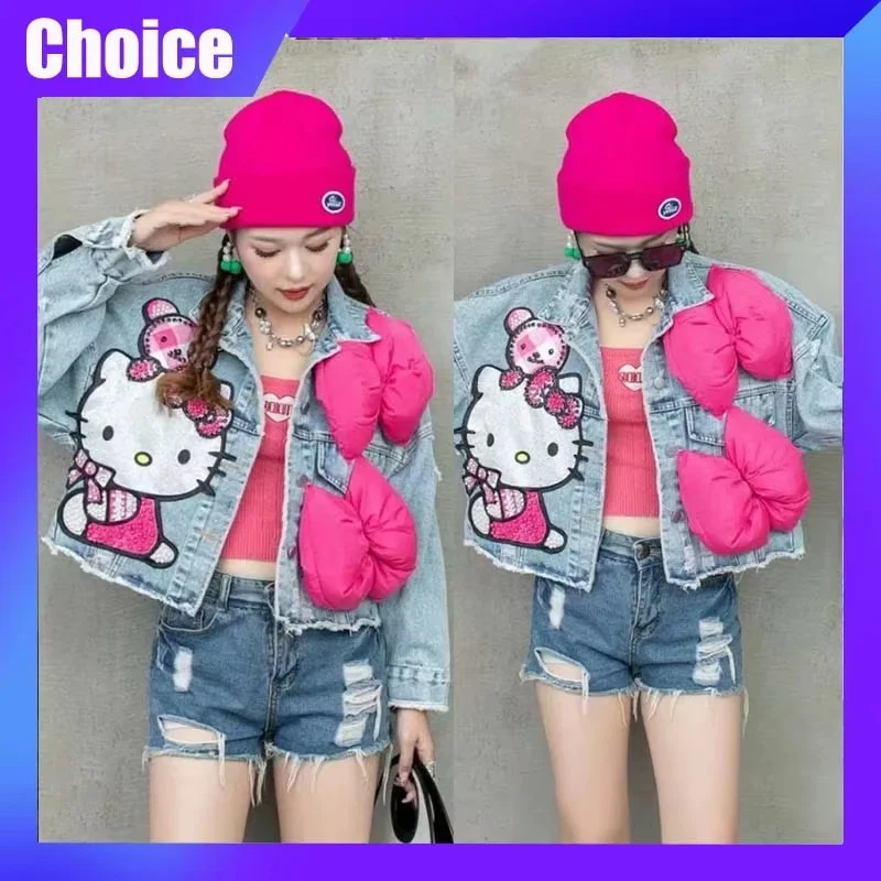 

Sanrio Hellokitty Denim Coat Cartoon Women'S Jacket Bead Sequins Short Loose Top Casual Fashion Outdoor Loose Clothing Gift