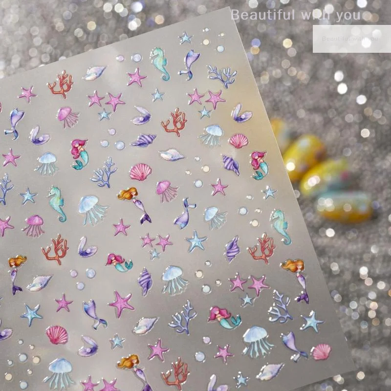 

NewCute Colour Ocean Nail Art Stickers 3D Relief Summer Starfish Seashell Nail Decals Decoration Nail Charm Nail Art Supplies
