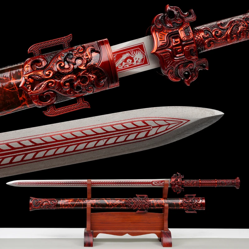 

Functional Chinese Han Sword Manganese Steel Red Blade Real Full Tang Sharp Ready Battle Samurai Swords Emperor Kongfu Katanas