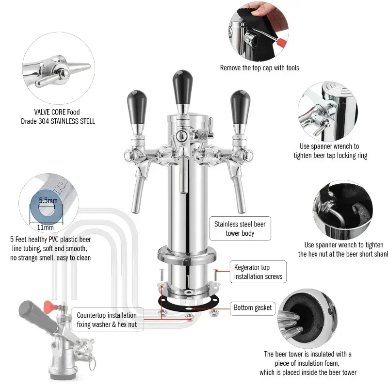 Hot Sales3 Tap Beer Tower Stainless Steel 3 Inch Draft Beer Dispenser With Wrench & Beer Line With Hex Nut For Home Brewing