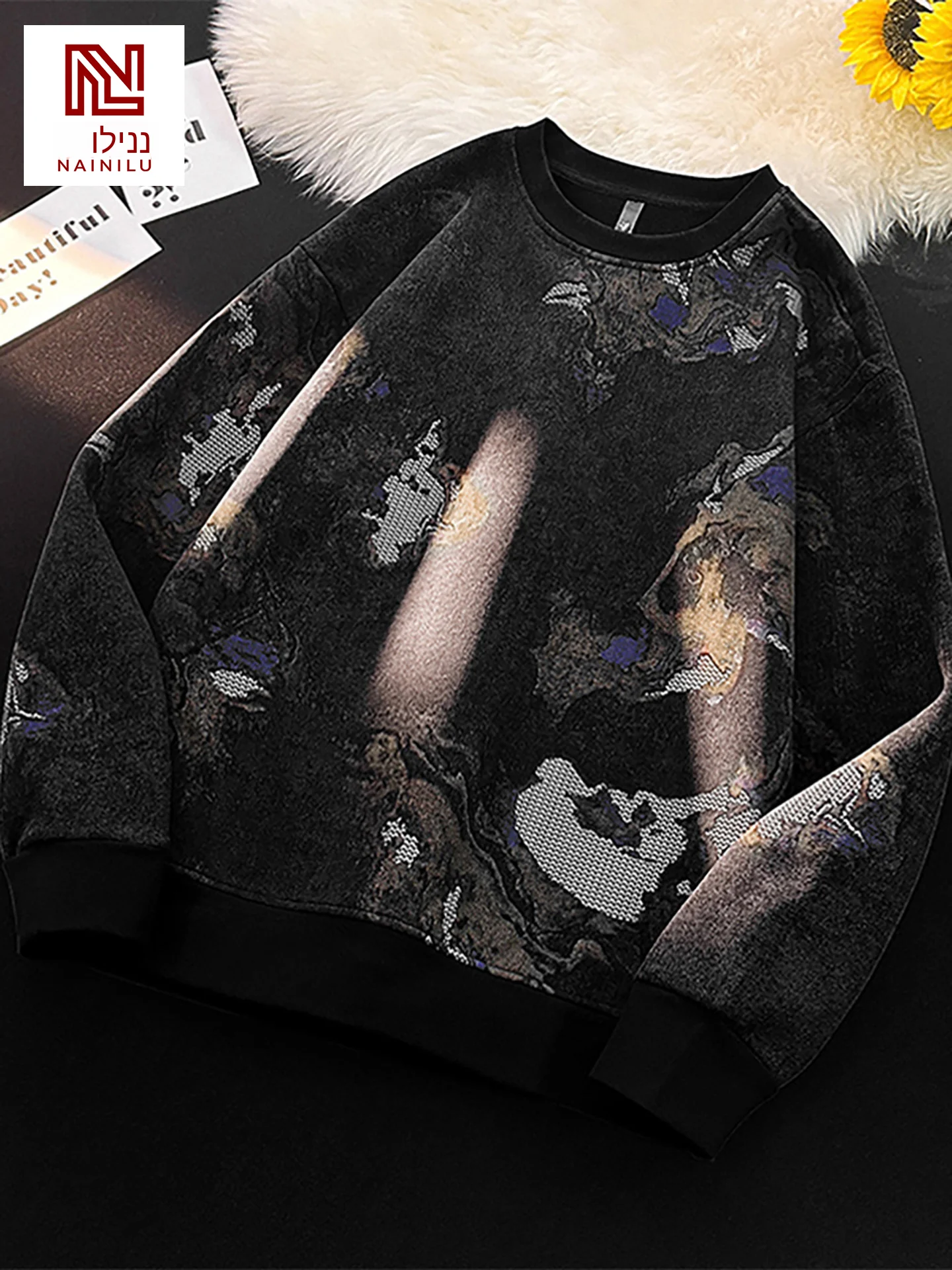 

Nainiu American Retro Tie Dye Sweatshirt Men's plus Size Spring Autumn Loose Versatile Long Sleeve Base Shirt Casual Style
