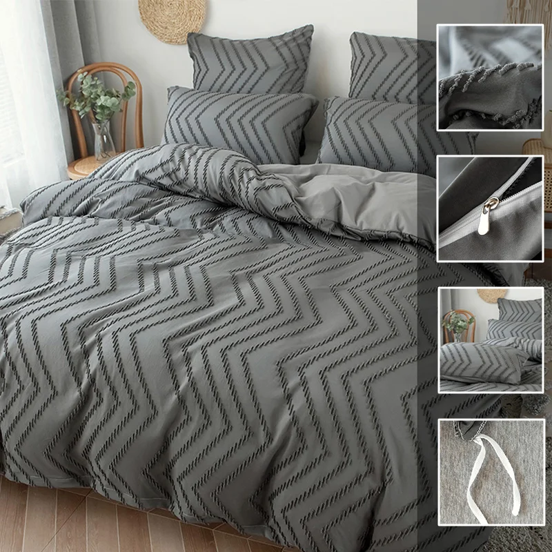Neutral Queen Bedding Set Aesthetic Duvet Cover with Ripple Cut Flowers Soft Textured Comforter Zipper Closure Japanese Style