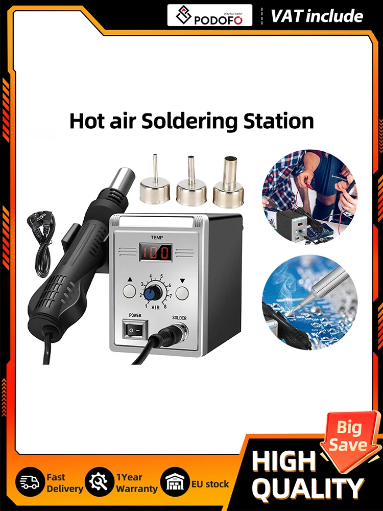 Podofo Digitale 2-in-1 Heißluft-Lötstation mit Temperaturkorrektur und Schlaffunktion, Löt- und Reparaturstation