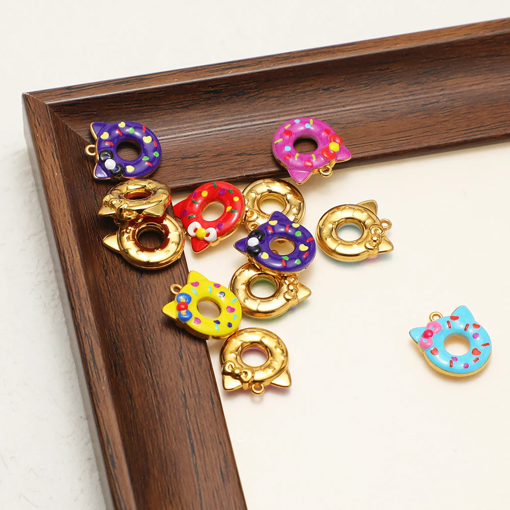 4 Stücke Edelstahl Donut Niedliche Katze Emaille-Anhänger DIY Kinder Schmuckzubehör Halskette Armband Mädchen Anhänger Ohrringe Herstellung – Detail 4