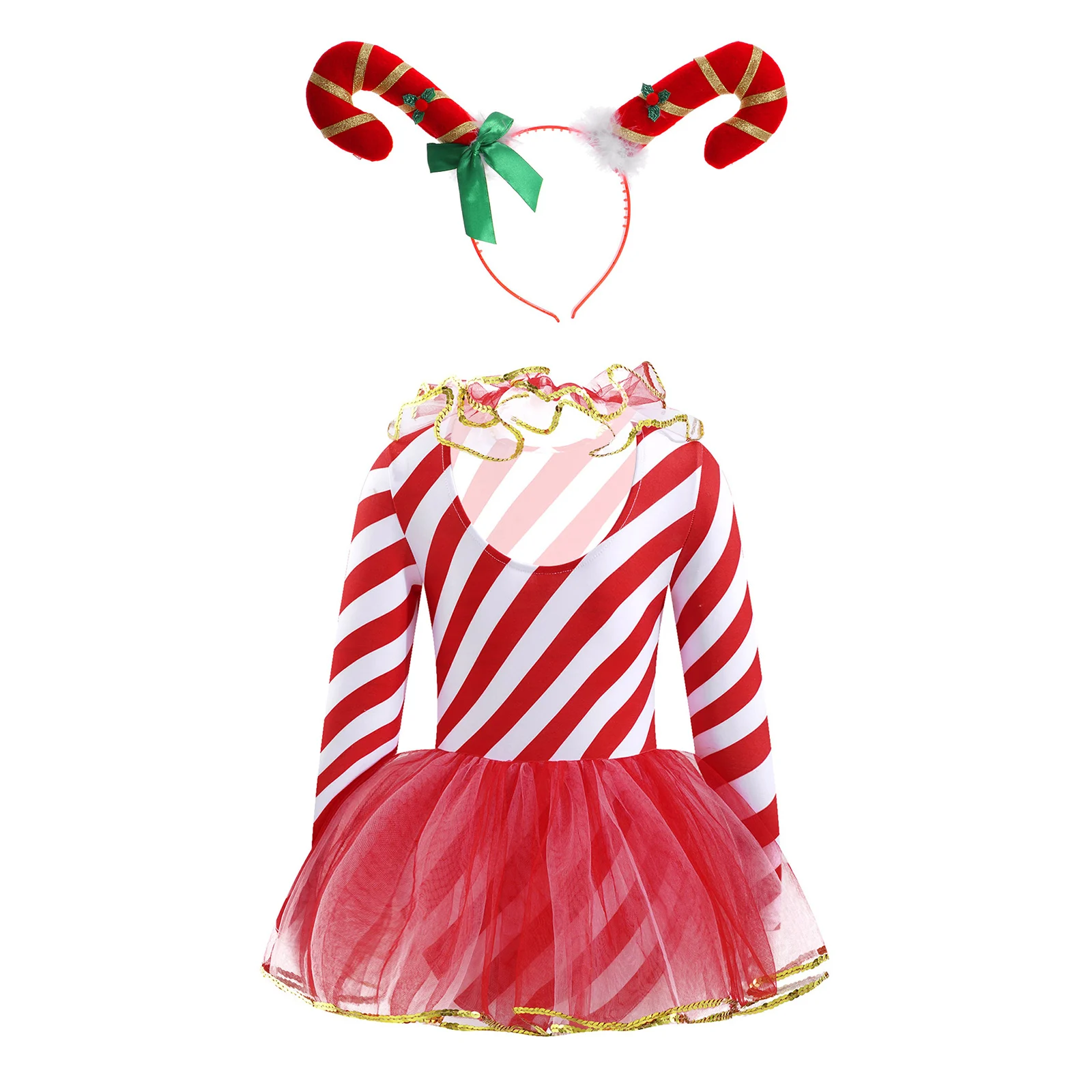 Candy Cane Santa Claus Costume Kids Girls Sequins Elf Christmas Dress Xmas Sweetie Leotard Tutu Figure Ice Skating Dancewear