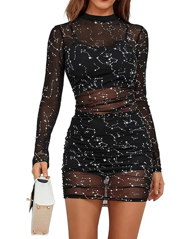 3-piece women's sparkling sequin long sleeved transparent mesh slim fit dress paired with crop top and tight shorts