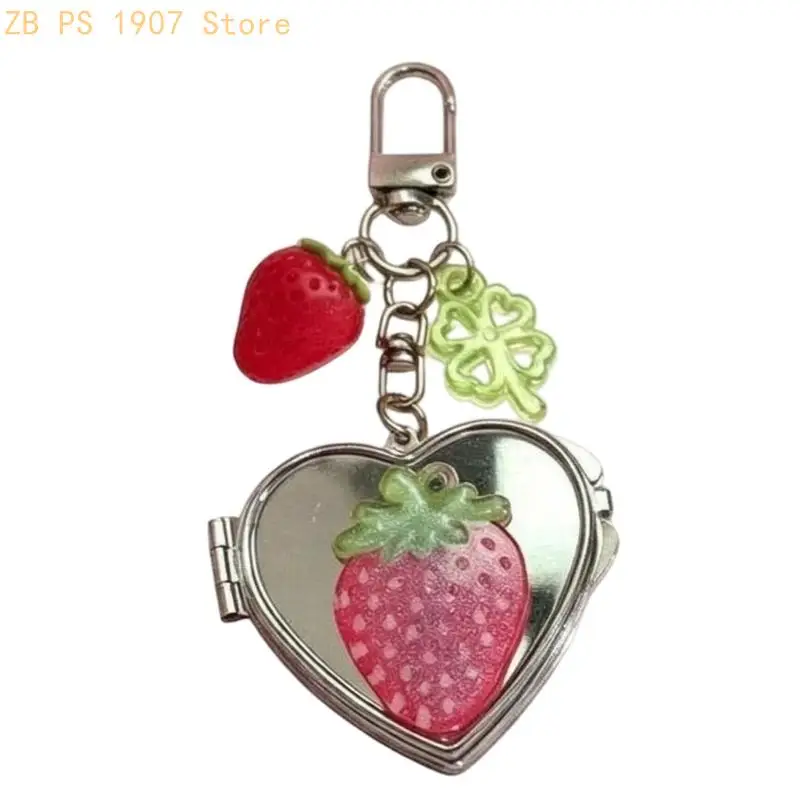 Ring Mirror with Strawberry Heart Design, Hinged Compact Mirror, and Clasp for On-the-Go Makeup Checks 55KA