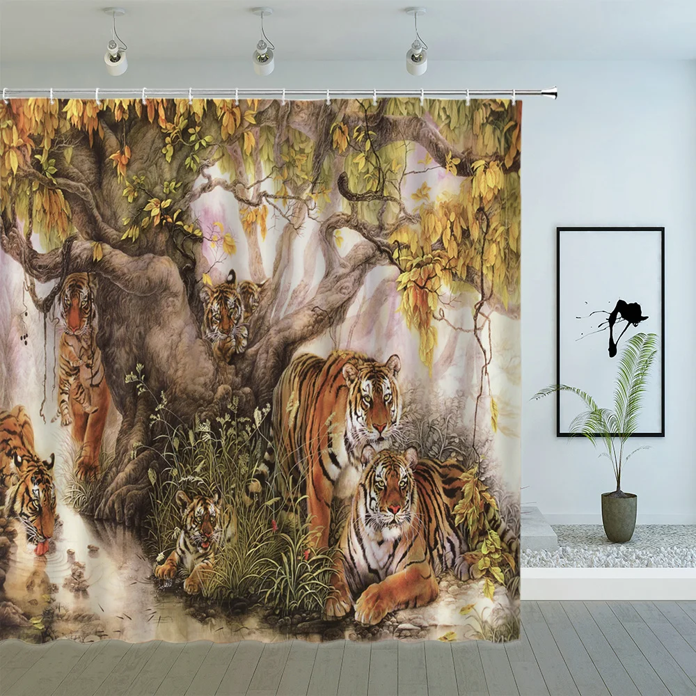 

Forest Animal Shower Curtain Winter Rustic Moose Wolf Deer Bear Wildlife Watercolor Bathroom Decor Polyester Curtains with Hooks