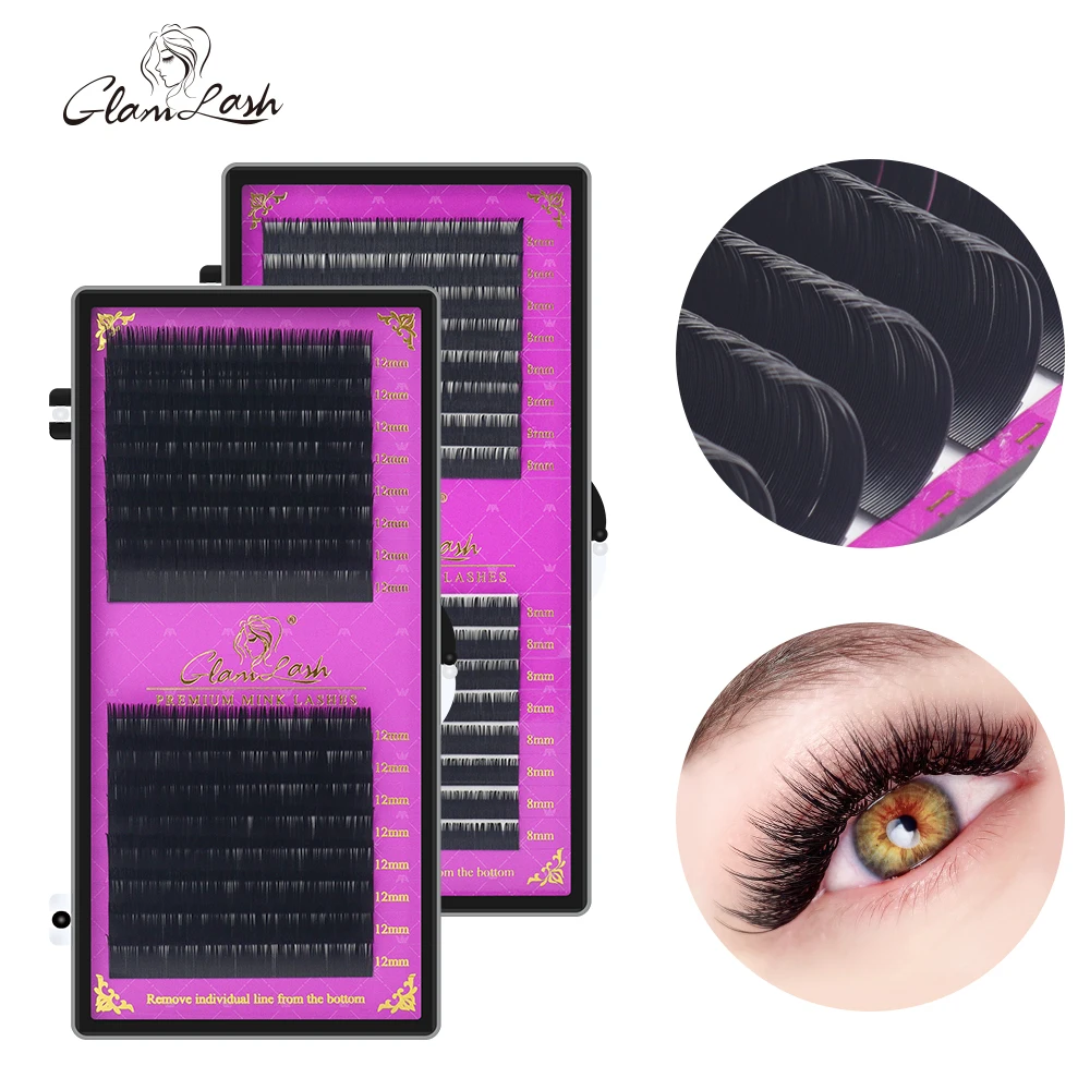 GLAMLASH 16Rows Premium Sable False Natural Matte Black Eyelash Extension Wholesale Eye Lashes Extension Cilia Makeup Eyelashes