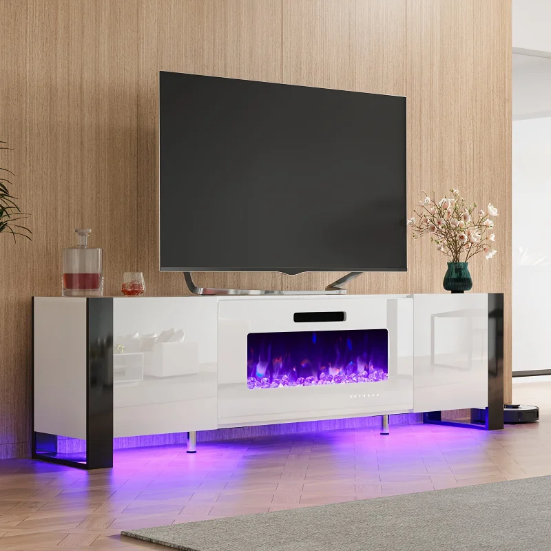 TV Rack with Fireplace，Modern High Gloss Entertainment CenterLEDLamp，ULeg-Shaped TV Console Cabinet，For Living Room